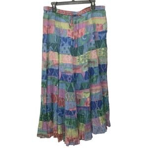 Vintage Orvis Patchwork Cotton Gypsy Maxi Skirt Size L Boho Crinkle